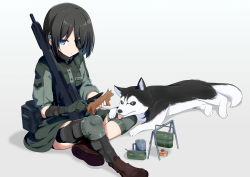 Rule 34 | 1girl, animal, asymmetrical sleeves, black hair, blue eyes, boots, breasts, brown footwear, closed mouth, commentary request, cup, dog, eyepatch, gloves, gotyou, green gloves, green jacket, green skirt, gun, hair between eyes, highres, holding, holding knife, jacket, knife, long sleeves, looking at viewer, mug, original, puffy long sleeves, puffy short sleeves, puffy sleeves, short sleeves, single glove, sitting, skirt, small breasts, solo, spoon, tongue, tongue out, uneven sleeves, weapon, weapon request