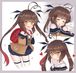 Rule 34 | 1girl, aged down, antenna hair, bag, brown hair, candy, cla (finesoda), closed eyes, commentary request, food, girls&#039; frontline, gradient hair, heart, holding, holding candy, holding food, holding lollipop, lollipop, long hair, long sleeves, lying, m14 (girls&#039; frontline), multicolored hair, multiple views, on side, open mouth, pleated skirt, red hair, school bag, skirt, sleeping, twintails, two-tone hair, wide sleeves, yellow eyes