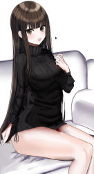 Rule 34 | 1girl, black skirt, black sweater, blunt bangs, breasts, brown eyes, brown hair, couch, hanasaka houcha, heart, highres, light blush, long hair, long sleeves, looking at viewer, mole, mole under mouth, open mouth, original, side-tie peek, sidelocks, simple background, sitting, skirt, solo, sweater, thighs, turtleneck, turtleneck sweater, white background