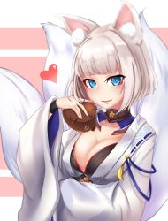 Rule 34 | 1girl, absurdres, animal ear fluff, animal ears, azur lane, blue eyes, blush, breasts, chocolate, cleavage, collarbone, eyeliner, food, fox ears, fox girl, fox tail, hand up, heart, highres, holding, holding chocolate, holding food, japanese clothes, kaga (azur lane), kikumon, large breasts, long sleeves, looking at viewer, makeup, multiple tails, open mouth, pikorupi (e ni14), short hair, silver hair, smile, solo, tail, upper body, valentine, wide sleeves, wristband
