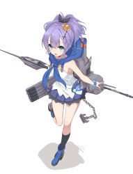 Rule 34 | anchor, aqua eyes, armband, azur lane, black ribbon, blouse, blue cape, boots, bracelet, camisole, cape, chain, commentary request, cross hair ornament, crown, full body, gloves, hair ornament, hairclip, highres, javelin (azur lane), jewelry, lace, lace-trimmed skirt, lace trim, light purple hair, looking at viewer, machinery, mini crown, neme1228, open mouth, plaid, plaid skirt, polearm, ponytail, ribbon, shirt, simple background, skirt, solo, spear, split ponytail, standing, standing on one leg, torpedo, torpedo tubes, turret, weapon, white background