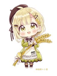 Rule 34 | 1girl, :d, apron, blonde hair, blush, brown footwear, brown headwear, chibi, commentary request, copyright request, dress, full body, green dress, green eyes, hair ornament, hairclip, head tilt, highres, holding, long sleeves, open mouth, puffy long sleeves, puffy sleeves, sakura oriko, shoes, simple background, smile, solo, standing, tilted headwear, translation request, waist apron, wheat, white apron, white background, x hair ornament