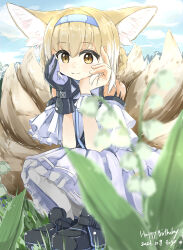 Rule 34 | 1girl, absurdres, animal ear fluff, animal ears, arknights, bare shoulders, black footwear, black gloves, blonde hair, blue hairband, blurry, blurry foreground, braid, braided hair rings, closed mouth, clothing cutout, colored tips, commentary, dated, depth of field, dress, flower, fox ears, fox girl, fox tail, frilled sleeves, frills, full body, gloves, hair rings, hairband, happy birthday, highres, kitsune, kyuubi, lily of the valley, looking at viewer, material growth, motsupu, multicolored hair, multiple tails, name connection, object namesake, oripathy lesion (arknights), pantyhose, purple dress, shoes, short sleeves, shoulder cutout, single glove, solo, squatting, suzuran (arknights), tail, twin braids, two-tone hair, white hair, white pantyhose, wrist cuffs, yellow eyes