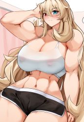 Rule 34 | 1girl, absurdres, blonde hair, breasts, cameltoe, cleavage, cleft of venus, covered erect nipples, cromwellb, barghest (fate), fate/grand order, fate (series), gym shorts, heterochromia, highres, long hair, muscular, muscular female, navel, shorts, solo, tank top, toned