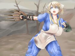 Rule 34 | 1girl, apron, bare tree, black gloves, blonde hair, blue eyes, blue jumpsuit, breasts, collarbone, cross scar, dirty, dirty clothes, facial scar, fallout (series), fallout 3, fingerless gloves, freckles, futaba channel, gloves, hair between eyes, head scarf, heni (nijiura maids), high collar, jumpsuit, kuma (kumahoihoi), large breasts, legs apart, nijiura maids, open mouth, outdoors, pip boy, scar, scar on cheek, scar on face, short hair, short sleeves, solo, standing, teeth, tree, upper teeth only, vault suit, wasteland, white apron, white headwear