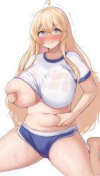 Rule 34 | 1girl, ahoge, aqua eyes, belly grab, blonde hair, blush, breasts, closed mouth, clothes lift, constricted pupils, covering breasts, covering privates, full-face blush, grabbing own breast, hair between eyes, harpyia (last origin), highres, huge breasts, last origin, long hair, narodenden, narrowed eyes, navel, no bra, one breast out, plump, shirt, shirt lift, short shorts, shorts, simple background, sitting, slit pupils, solo, thick thighs, thighs, trembling, very long hair, wet, wet clothes, wet shirt, white background, white shirt