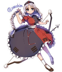 Rule 34 | 1girl, arrow (projectile), black dress, black footwear, black headwear, blue eyes, bow (weapon), braid, braided ponytail, breasts, closed mouth, commentary, constellation print, cross, dress, frilled dress, frills, full body, grey hair, highres, holding, holding bow (weapon), holding weapon, large breasts, long hair, looking at viewer, medium breasts, one-hour drawing challenge, red cross, red dress, renshirenji, smile, socks, solo, touhou, trigram, twitter username, two-tone dress, very long hair, weapon, white socks, yagokoro eirin