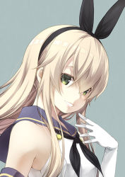 Rule 34 | 1girl, animal ears, blonde hair, rabbit ears, commentary request, elbow gloves, fake animal ears, gloves, green eyes, hair between eyes, hairband, hand up, kantai collection, kouji (campus life), long hair, looking at viewer, neckerchief, open mouth, shimakaze (kancolle), shirt, sidelocks, sleeveless, sleeveless shirt, smile, solo, upper body