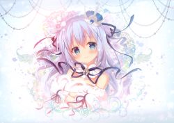 Rule 34 | 1girl, absurdres, blue eyes, blue hair, blue ribbon, blush, breast hold, breasts, character name, cleavage, crossed arms, crown, dated, detached collar, detached sleeves, dress, english text, floral background, gem, gloves, gochuumon wa usagi desu ka?, hair ornament, hair ribbon, happy birthday, head tilt, highres, kafuu chino, long hair, looking at viewer, mini crown, mitsumomo mamu, puffy short sleeves, puffy sleeves, ribbon, scan, short sleeves, small breasts, smile, solo, sparkle, upper body, white gloves, x hair ornament