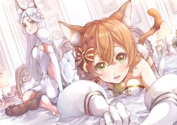 Rule 34 | 2girls, all fours, animal ear fluff, animal ears, april (pride of eden), barefoot, bell, blush, book, book stack, bow, breasts, brown hair, cat ears, cat tail, cleavage, dress, dutch angle, elbow gloves, flower, foreshortening, gloves, hair between eyes, hair bow, highres, indoors, lamp, looking at viewer, looking back, multiple girls, neck bell, olivia (pride of eden), on bed, painting (object), purple eyes, red: pride of eden, remon (sato), sitting, small breasts, striped, striped bow, tail, white dress, white flower, white gloves, white hair, yellow eyes