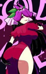 Rule 34 | ass, ass focus, back, black gloves, china dress, chinese clothes, dress, flower, flower on head, gloves, highres, one eye covered, purple dress, purple flower, quarium, short sleeves, touhou, yomotsu hisami
