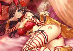 Rule 34 | 1girl, animal ears, ass, bare shoulders, blue eyes, blush, breasts, brown hair, bunny girl, cleavage, commentary request, earrings, fake animal ears, fate/grand order, fate (series), flower, flower tattoo, hair flower, hair ornament, highres, hoop earrings, jewelry, large breasts, lifted by self, long hair, looking at viewer, lying, mata hari (fate), nail polish, on side, panties, rabbit ears, red panties, sakiyamama, smile, solo, tattoo, underwear