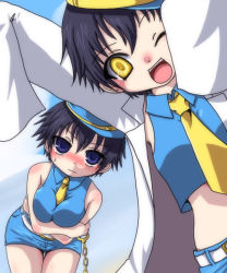 Rule 34 | 793 (artist), atlus, bent over, between breasts, blue eyes, blue hair, blush, breast hold, breasts, cuffs, dark persona, dual persona, handcuffs, hat, lab coat, large breasts, midriff, necktie, open mouth, persona, persona 4, shadow (persona), shirogane naoto, short hair, wink, yellow eyes