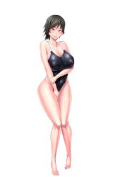 Rule 34 | 1girl, barefoot, black hair, black one-piece swimsuit, breasts, cameltoe, crossed arms, curvy, female focus, full body, game cg, highres, julia bloodstone, kangoku academia, large breasts, lilith-soft, looking at viewer, nipples, one-piece swimsuit, partially visible vulva, pussy juice, red eyes, shiny skin, short hair, sian, smile, solo, standing, sweat, swimsuit, tachi-e, transparent background