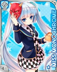 Rule 34 | 1girl, blue background, blue eyes, blue jacket, blunt bangs, card, character name, checker pattern, closed mouth, girlfriend (kari), jacket, mask, miss monochrome, miss monochrome (character), necktie, official art, qp:flapper, school uniform, shirt, skirt, solo, tagme, thighhighs, twintails, white footwear, white hair, white shirt