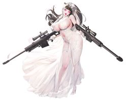 Rule 34 | 1girl, animal ears, ankle strap, anti-materiel rifle, barrett m82, black hair, bow, bow legwear, bow panties, breasts, bridal veil, cat ears, clothing cutout, contrapposto, curvy, destiny child, dress, dual wielding, earrings, floating hair, flower, full body, g-string, gloves, groin, gun, hair flower, hair ornament, hair ribbon, head tilt, heart, heart-shaped pupils, high heels, highleg, highleg panties, hildr (destiny child), holding, holding gun, holding weapon, huge breasts, hyulla, jewelry, lace, lace-trimmed legwear, lace-trimmed panties, lace dress, lace panties, lace trim, lingerie, lipstick, long hair, looking at viewer, makeup, mole, mole on arm, mole on breast, mole on thigh, navel, navel cutout, necklace, no bra, official art, open mouth, panties, pink eyes, ponytail, purple eyes, revealing clothes, ribbon, rifle, see-through, side-tie panties, sideboob, sniper rifle, solo, standing, stiletto heels, stomach, strapless, strapless dress, strappy heels, swept bangs, symbol-shaped pupils, thick thighs, thighs, thong, transparent background, underwear, veil, veil lift, weapon, wedding dress, white dress, white footwear, white gloves, white legwear, white panties