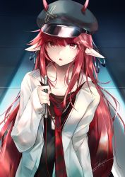 Rule 34 | 1girl, arknights, artist name, black hat, cabbie hat, collarbone, commentary request, dated, hat, highres, horns, horns through headwear, jacket, long hair, long sleeves, looking at viewer, necktie, open clothes, open jacket, open mouth, pointy ears, red eyes, red hair, red necktie, sakusyo, signature, solo, upper body, very long hair, vigna (arknights), white jacket
