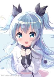 Rule 34 | 1girl, :d, absurdres, black ribbon, blue background, blue eyes, blue hair, dress, hair between eyes, hair ribbon, hands up, highres, long hair, long sleeves, looking at viewer, neki (wakiko), noel (sora no method), open mouth, pom pom (clothes), ribbon, round teeth, smile, solo, sora no method, teeth, twitter username, two-tone background, two side up, upper body, upper teeth only, very long hair, white background, white dress, wide sleeves