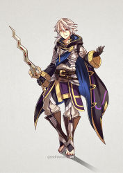Rule 34 | 1boy, armor, cloak, corrin (fire emblem), corrin (male) (fire emblem), corrin (male) (fire emblem), elbow gloves, european clothes, fire emblem, fire emblem awakening, fire emblem fates, full body, fusion, gloves, grey background, heterochromia, holding, holding sword, holding weapon, male focus, nintendo, pointy ears, ponytail, red eyes, robin (fire emblem), robin (male) (fire emblem), simple background, solo, standing, sword, tumblr username, weapon, white hair