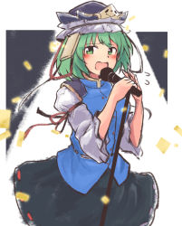 Rule 34 | 1girl, balance scale, black hat, blue vest, blush, confetti, epaulettes, flying sweatdrops, frilled hat, frills, ginnkei, green eyes, green hair, hat, holding, long sleeves, looking at viewer, microphone stand, music, one-hour drawing challenge, open mouth, outside border, ribbon-trimmed skirt, ribbon trim, shiki eiki, singing, solo, standing, touhou, vest, weighing scale