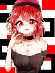 Rule 34 | 1girl, 6nichirai6, bad id, bad pixiv id, bare shoulders, blue nails, blush, breasts, chain, choker, cleavage, collarbone, commentary request, finger to face, gold chain, hecatia lapislazuli, highres, looking at viewer, medium breasts, nail polish, off-shoulder shirt, off shoulder, red eyes, red hair, shirt, smile, solo, touhou, upper body