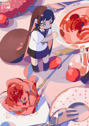 Rule 34 | 1girl, absurdly long hair, absurdres, alcohol, black sailor collar, black skirt, black socks, blush stickers, bow, brown hair, cherry, chibi, closed mouth, cocktail glass, commentary, cup, dated, doughnut, drinking glass, english commentary, flower, food, fork, fruit, grey bow, grey eyes, hair bow, highres, kneehighs, long hair, mini person, minigirl, original, pleated skirt, polka dot, polka dot bow, red flower, red rose, rose, sailor collar, school uniform, serafuku, shirt, short sleeves, skirt, socks, solo, sparkle, standing, taowu (20809), very long hair, white shirt