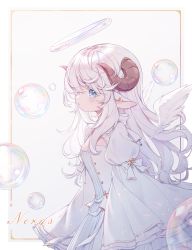 Rule 34 | 1girl, animal ears, blue eyes, blush, breasts, bubble, commentary request, curled horns, detached wings, dress, feathered wings, grey background, hair between eyes, halo, highres, horns, juliet sleeves, long hair, long sleeves, mini wings, nishina hima, original, parted lips, puffy sleeves, sheep ears, sheep horns, small breasts, solo, two-tone background, very long hair, white background, white dress, white hair, white wings, wide sleeves, wings