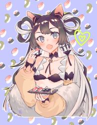 Rule 34 | 1girl, absurdres, animal ears, bikini, black bikini, blush, breasts, brown hair, cat ears, commentary, cropped torso, detached sleeves, double bun, eating, english commentary, fang, fingernails, fish (food), food, food request, grey eyes, hair bun, hand up, heart, highres, holding, holding tray, long sleeves, looking at viewer, nigirizushi, open mouth, original, profanity, puffy long sleeves, puffy sleeves, skin fang, small breasts, solo, sushi, swimsuit, tail, tray, two side up, upper body, yun-yang