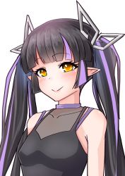 Rule 34 | 1girl, black hair, black shirt, blunt bangs, blush, breasts, cleavage, closed mouth, commentary request, demon girl, demon horns, highres, horns, kojo anna, kojo anna (1st costume), long hair, looking at viewer, medium breasts, multicolored hair, nanashi inc., pointy ears, purple hair, robou no stone, see-through, see-through cleavage, see-through shirt, shirt, simple background, sleeveless, sleeveless shirt, smile, solo, sugar lyric, twintails, two-tone hair, upper body, virtual youtuber, white background, yellow eyes