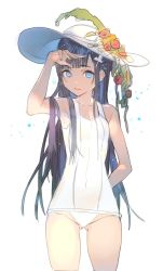 Rule 34 | 1girl, arm behind back, bad id, bad twitter id, blue eyes, blunt bangs, commentary request, covered navel, cowboy shot, flower, gluteal fold, hair ornament, hand up, hat, hat flower, highres, koyoi mitsuki, long hair, looking at viewer, one-piece swimsuit, original, parted lips, sketch, smile, solo, standing, sun hat, swimsuit, white background, white hat, white one-piece swimsuit