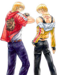 Rule 34 | 2boys, belt, black gloves, black pants, black tank top, blonde hair, blue eyes, blue pants, brown belt, fatal fury, fingerless gloves, from behind, garou: mark of the wolves, garou mark of the wolves, gloves, jacket, jewelry, male focus, multiple boys, muscular, muscular male, necklace, pants, pocket, red eyes, red jacket, rock howard, shirt, short hair, simple background, snk, tank top, terry bogard, the king of fighters, white background, white shirt, yellow jacket, yellow neckwear