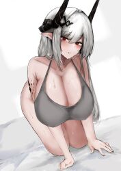 Rule 34 | 1girl, absurdres, all fours, arknights, bed sheet, blush, breasts, collarbone, dutch angle, earrings, grey hair, grey shirt, hanging breasts, highres, horns, huge breasts, jewelry, long hair, looking at viewer, machan, material growth, mudrock (arknights), on bed, oripathy lesion (arknights), parted lips, pillow, pointy ears, red eyes, shirt, simple background, solo, steaming body, tank top, very long hair, white background