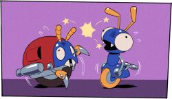 Rule 34 | animal focus, antennae, anton (sonic), black eyes, border, bug, claws, digimin, fangs, fighting, flying sweatdrops, full body, motion lines, moto bug, no humans, non-humanoid robot, official art, open mouth, purple background, robot, robot animal, scratches, simple background, sonic (series), star (symbol), the murder of sonic the hedgehog, transparent border, wall-eyed, wheel