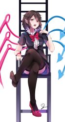 Rule 34 | 1girl, absurdres, asymmetrical wings, black dress, black hair, black thighhighs, blue wings, bow, bowtie, breasts, center frills, chair, commentary request, crossed legs, dleung, dress, feet, frills, hair between eyes, hand up, highres, houjuu nue, looking at viewer, medium breasts, open mouth, pointy ears, red bow, red bowtie, red eyes, red footwear, red wings, shoes, short dress, short hair, short sleeves, sidelocks, simple background, single shoe, sitting, soles, solo, thighhighs, touhou, white background, wings
