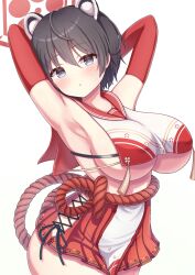 Rule 34 | 1girl, animal ears, armpits, black eyes, black hair, blue archive, breast curtain, breasts, crop top, crop top overhang, elbow gloves, gloves, halo, highres, hip vent, large breasts, miniskirt, raccoon ears, red gloves, red sailor collar, red skirt, revealing clothes, ribbon legwear, rope, rope belt, sailor collar, shimenawa, short hair, sideboob, sideless outfit, skirt, tabard, tsubaki (blue archive), two-tone shirt, underboob, yuchiberu