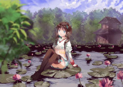 Rule 34 | 1girl, arm support, black footwear, black thighhighs, blue eyes, blue skirt, blue sky, blurry, blurry foreground, boots, brown gloves, brown hair, building, cloud, cloudy sky, commentary request, copyright request, crop top, day, depth of field, flower, gloves, half gloves, high heel boots, high heels, highres, juliet sleeves, lily pad, long hair, long sleeves, looking at viewer, lotus, midriff, navel, outdoors, pleated skirt, pond, puffy sleeves, red flower, ripples, sitting, skirt, sky, solo, striped, thigh boots, thighhighs, tree, vertical stripes, very long hair, water, xinta