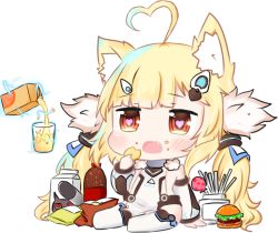 Rule 34 | 1girl, ahoge, animal ears, arm support, azur lane, bag of chips, bailingxiao jiu, bare shoulders, blonde hair, brown eyes, burger, candy, carton, cat ears, chibi, chips (food), commentary request, cup, detached sleeves, dress, drinking glass, eldridge (azur lane), electricity, fang, food, food on face, full body, fur trim, hair ornament, heart, heart-shaped pupils, heart ahoge, holding, juice, juice box, lollipop, long hair, long sleeves, open mouth, potato chips, puffy long sleeves, puffy sleeves, simple background, sitting, soda bottle, solo, symbol-shaped pupils, thighhighs, torpedo, twintails, very long hair, white background, white dress, white thighhighs