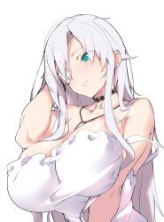 Rule 34 | 1girl, adjusting hair, aina winchester, aqua eyes, bandage over one eye, bare shoulders, bracelet, breasts, choker, cleavage, closed mouth, dress, ear piercing, hair over one eye, head tilt, highres, huge breasts, jewelry, lilith-soft, long hair, necklace, piercing, pink lips, potion (moudamepo), shiny skin, sidelocks, strap slip, taimanin (series), taimanin rpgx, upper body, white dress, white hair