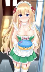 Rule 34 | 1girl, alternate costume, blonde hair, blush, breasts, cake, choker, cleavage, enmaided, food, frilled skirt, frills, garter straps, hair between eyes, hair ornament, helvetica std, highres, large breasts, maid, maid headdress, marriage proposal, medium breasts, neptune (series), skirt, smile, solo, thighhighs, vert (neptunia), white thighhighs, wrist cuffs