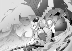 Rule 34 | 1girl, absurdres, arknights, breath weapon, breathing fire, character name, claws, commentary request, copyright name, fire, flamethrower, flat chest, greyscale, highres, horns, ifrit (arknights), material growth, monochrome, originium (arknights), originium arts (arknights), oripathy lesion (arknights), short hair, solo, user pcmy2872, weapon