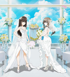 Rule 34 | 2girls, ass, back, bare arms, bouquet, breasts, bridal veil, brown eyes, brown hair, cleavage, cloud, cloudy sky, copyright name, dress, flower, full body, girls und panzer, high heels, looking at viewer, looking back, multiple girls, nishizumi shiho, ocean, official art, rose, shimada chiyo, sky, smile, stab, veil, water, wedding dress, white dress, white footwear
