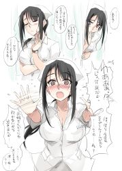 Rule 34 | 1girl, :o, black hair, blush, breasts, brown eyes, cleavage, commentary, commentary request, hat, highres, kitano (zekkyon), large breasts, looking at viewer, multiple views, name tag, nurse, nurse cap, original, ponytail, translation request, watch, wristwatch, zekkyon