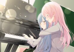 Rule 34 | 2girls, bang dream!, bang dream! it&#039;s mygo!!!!!, blue hair, blush, chalkboard, chihaya anon, chinese commentary, closed eyes, closed mouth, commentary request, fang, green skirt, grey jacket, haneoka school uniform, highres, hug, hug from behind, instrument, jacket, light particles, long sleeves, multiple girls, parted lips, piano, pink hair, plaid, plaid skirt, pleated skirt, sasaki3rd, school uniform, sidelocks, sitting, skin fang, skirt, smile, togawa sakiko, yellow eyes, yuri