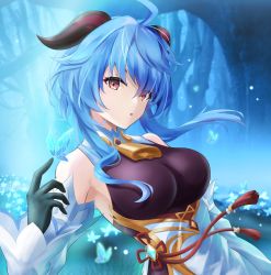 Rule 34 | 1girl, :o, absurdres, ahoge, bare shoulders, bell, black gloves, blue butterfly, blue hair, breasts, bug, butterfly, chinese clothes, cowbell, detached sleeves, floating hair, forest, ganyu (genshin impact), genshin impact, gloves, goat horns, gradient eyes, grass, highres, horns, insect, large breasts, long hair, looking at viewer, multicolored eyes, nature, neck bell, open mouth, purple eyes, solo, tassel, telu (teluscarlet), upper body, vision (genshin impact), yellow eyes