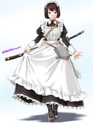 Rule 34 | 1girl, alternate costume, apron, black dress, brown eyes, brown hair, commentary request, dress, enmaided, frilled apron, frills, full body, hyuuga (kancolle), kantai collection, katana, looking at viewer, maid, maid headdress, mary janes, one-hour drawing challenge, pantyhose, shadow, shoes, short hair, silver shoes, smile, solo, standing, sword, tatsumi ray, twitter username, weapon, white apron, white background