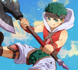 Rule 34 | 1boy, 91007, aged down, axe, battle axe, boyd (fire emblem), child, commentary, commentary request, fire emblem, fire emblem: path of radiance, fire emblem heroes, green eyes, green hair, holding, holding axe, holding weapon, hood, looking at viewer, male focus, nintendo, shorts, solo, symbol-only commentary, tongue, tongue out, weapon