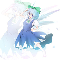 Rule 34 | 1girl, barefoot, blue eyes, blue hair, cirno, hand on own hip, matching hair/eyes, nikka (cryptomeria), ribbon, short hair, solo, touhou, wings, zoom layer