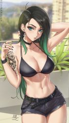Rule 34 | 1girl, ahoge, april (sciamano240), arm tattoo, arm up, artist name, belt, belt buckle, bikini, bikini top only, black bikini, black choker, black hair, black lips, black nails, black shorts, blue eyes, blurry, blurry background, breasts, buckle, choker, cleavage, closed mouth, collarbone, cowboy shot, cross, cross earrings, day, denim, denim shorts, depth of field, earrings, fingernails, gradient hair, green hair, highres, jewelry, large breasts, lens flare, lipstick, long fingernails, long hair, looking at viewer, makeup, multicolored hair, nail polish, navel, original, outdoors, ring, sciamano240, shorts, signature, solo, stomach, swimsuit, tattoo, thick eyebrows, toned, wristband