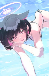 Rule 34 | 1girl, alternate costume, animal ears, bare arms, bare shoulders, bikini, black bikini, black hair, blue archive, cat ears, colored inner animal ears, colored inner hair, commentary request, extra ears, halo, highres, ichiki 1, kazusa (blue archive), looking at viewer, lying, multicolored hair, open mouth, pink eyes, pink hair, pink halo, shallow water, short hair, side-tie bikini bottom, smile, solo, swimsuit, water