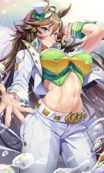 Rule 34 | 1girl, abs, absurdres, animal ears, aqua eyes, arm strap, blush, breasts, brown hair, choker, closed mouth, epaulettes, green shirt, hair ornament, hairclip, hat, highres, horse ears, horse girl, horse tail, jacket, large breasts, long hair, looking at viewer, midriff, mini hat, mini top hat, mr. c.b. (umamusume), navel, outstretched arm, pants, rain, shirt, single epaulette, single sleeve, solo, standing, strapless, strapless shirt, sunlight, tail, top hat, umamusume, wet, wet clothes, wet hair, white hat, white jacket, white pants, yellow choker, zzo0